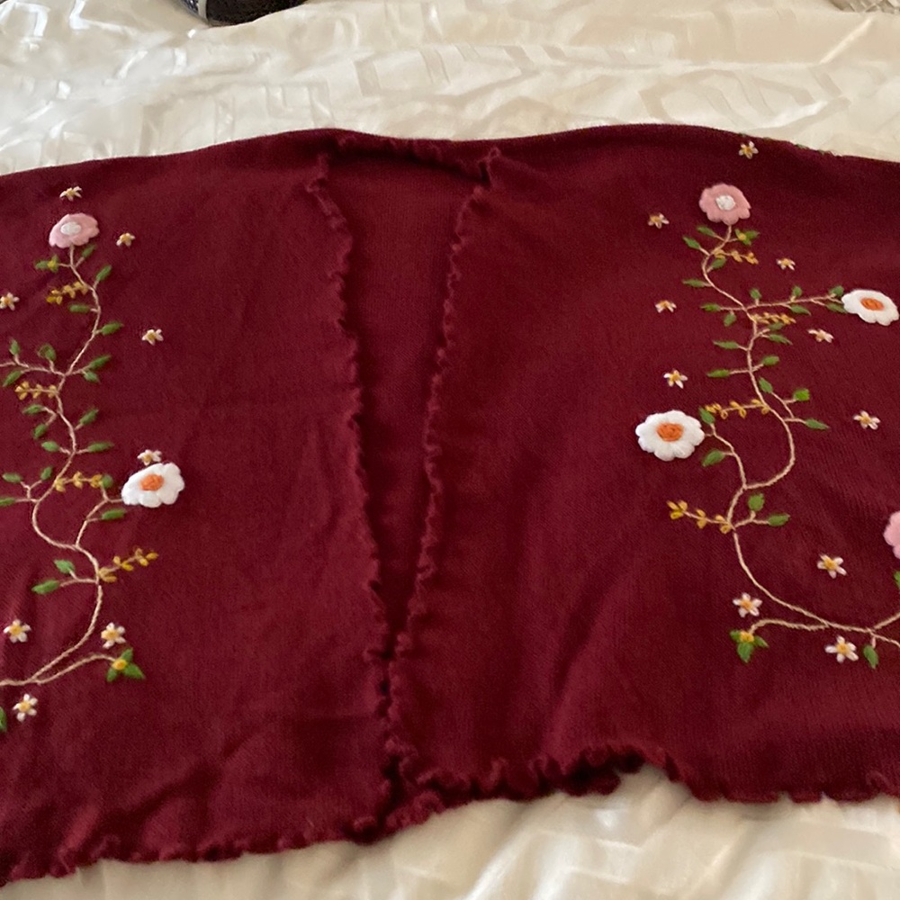 Burgundy wrap with embroidered flowers